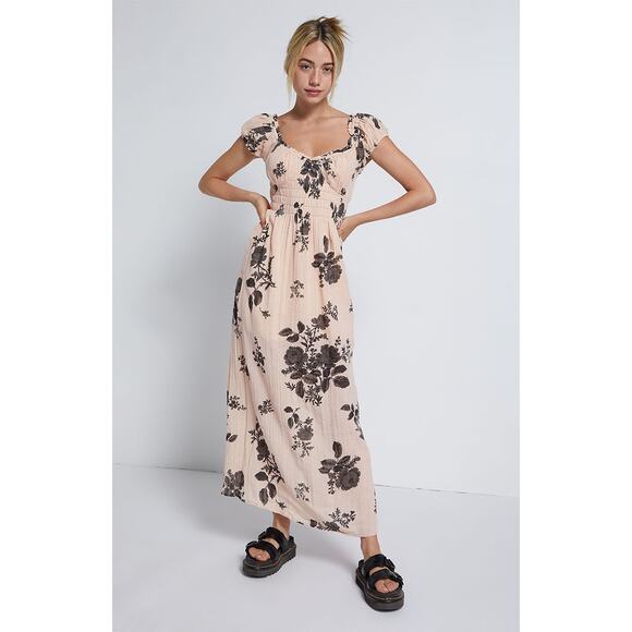 New Free People Forget Me Not Boho Floral Smocked Midi Dress $128 Small Peach - Picture 2 of 9